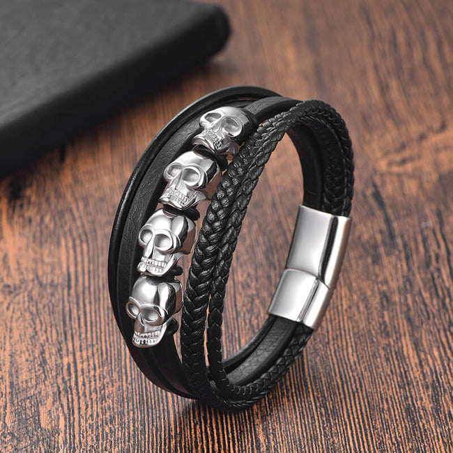 Punk Four Skulls Multi-Layer Braided Leather Bracelet Hover Image