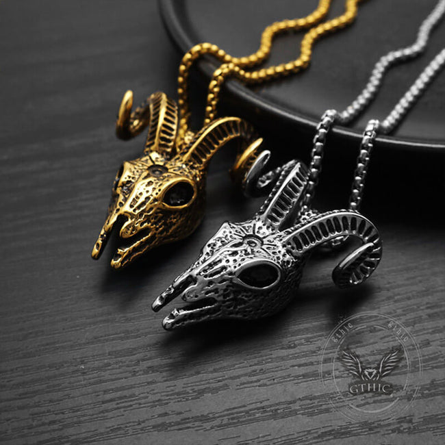 Punk Horned Goat Stainless Steel Skull Pendant Hover Image