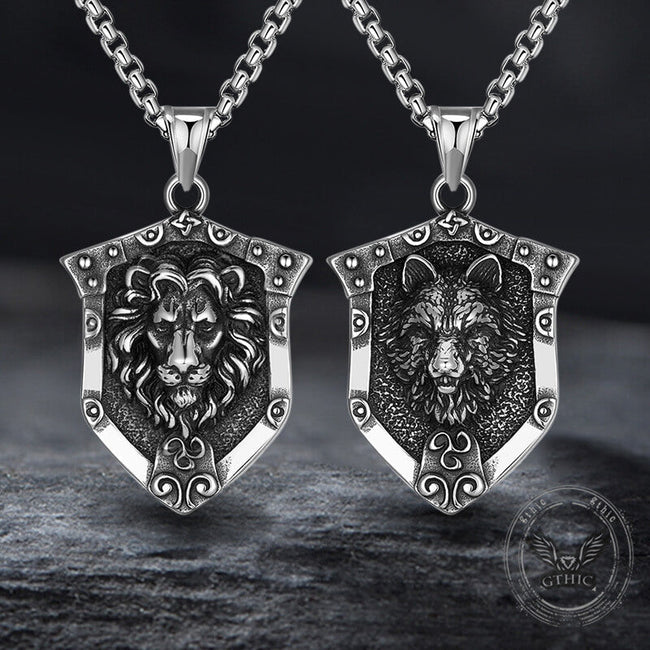 Punk Lion Wolf Shield Stainless Steel Necklace Hover Image