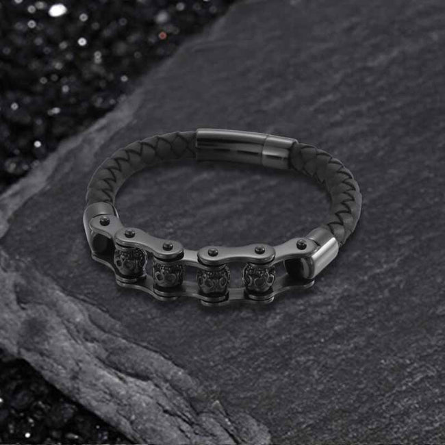 Punk Rotating Skull Stainless Steel Leather Bracelet Hover Image