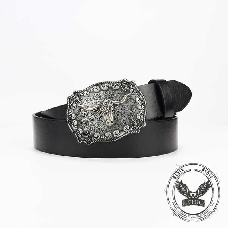 Punk Silver Bull Head Buckle Embossed PU Leather Belt