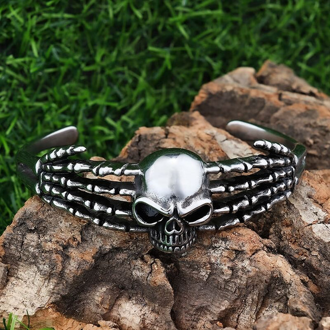 Punk Skeleton Hand Skull Head Stainless Steel Open Bracelet Hover Image