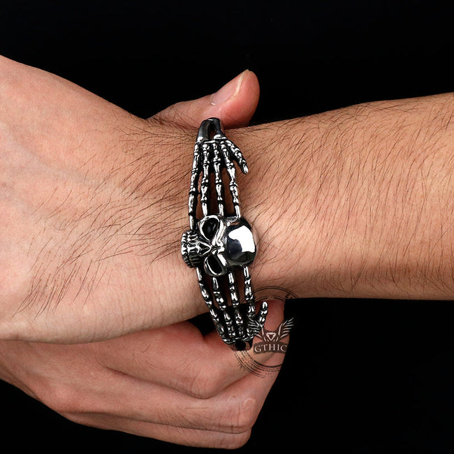 Punk Skeleton Hand Skull Head Stainless Steel Open Bracelet Main Image