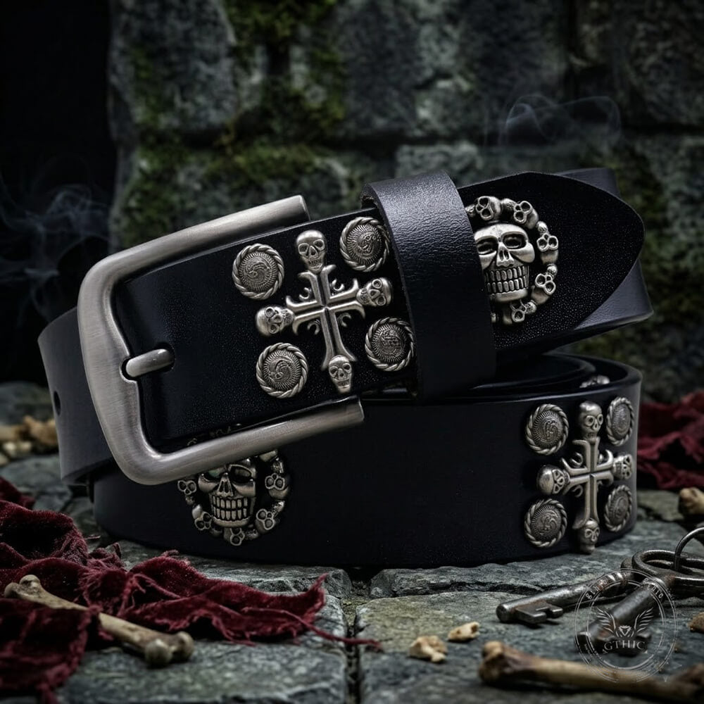 Punk Skull And Cross Genuine Leather Belt
