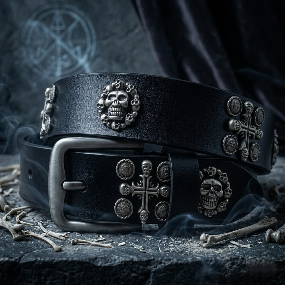 Punk Skull And Cross Genuine Leather Belt