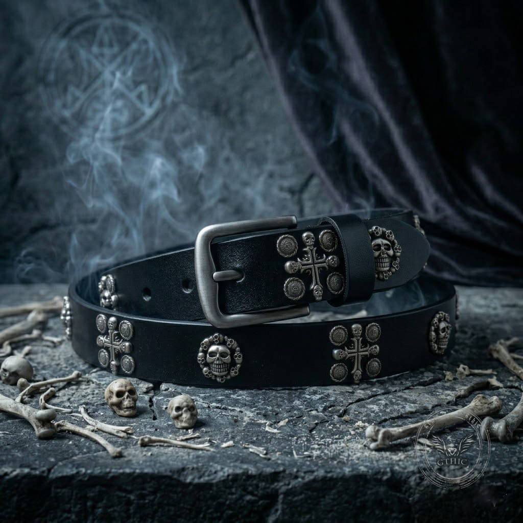 Punk Skull And Cross Genuine Leather Belt