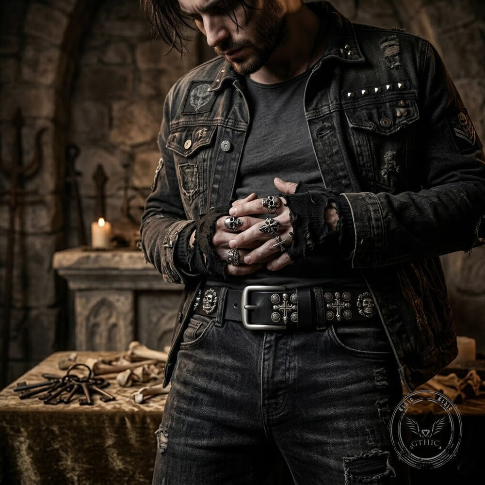 Punk Skull And Cross Genuine Leather Belt