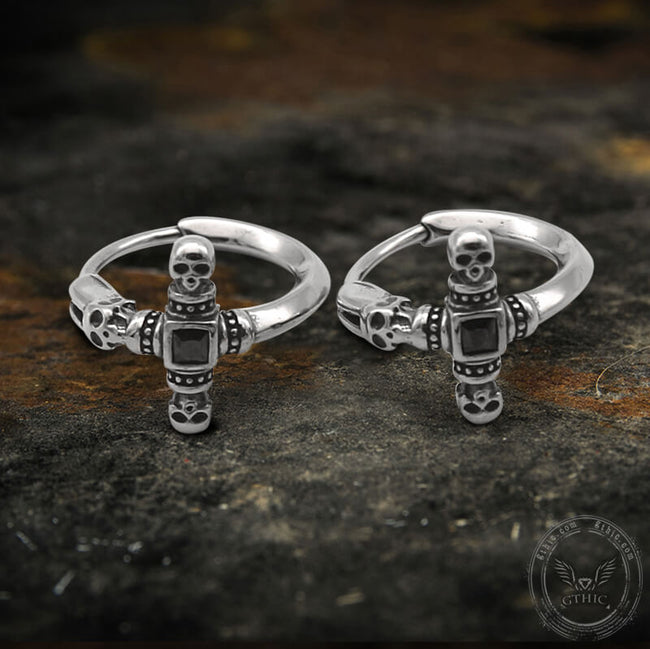 Punk Skull Cross Stainless Steel Hoop Earrings Hover Image