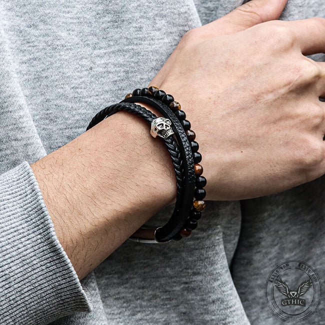 Punk Tiger Eye Skull Leather Bead Bracelet Main Image
