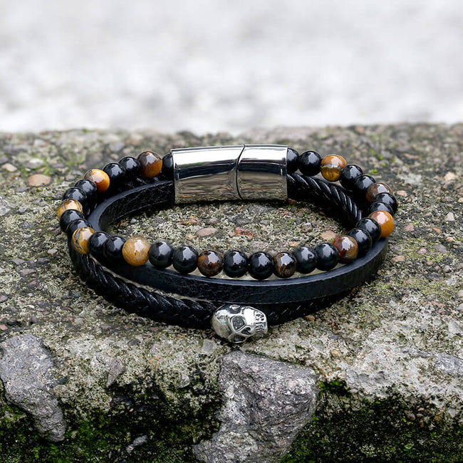 Punk Tiger Eye Skull Leather Bead Bracelet Hover Image