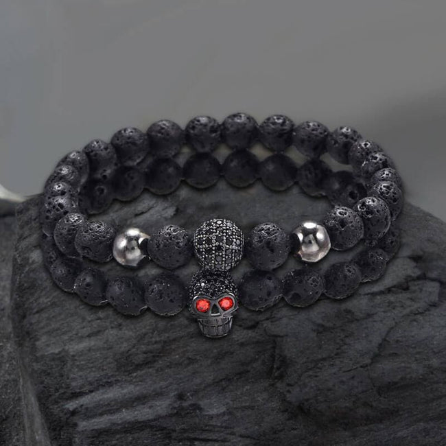 Red Eye Skull Volcanic Rock Bracelet Set Hover Image