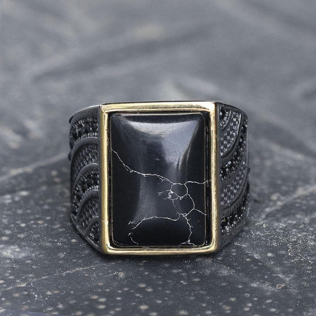 Retro Black Stone Stainless Steel Zircon Ring Hover Image
