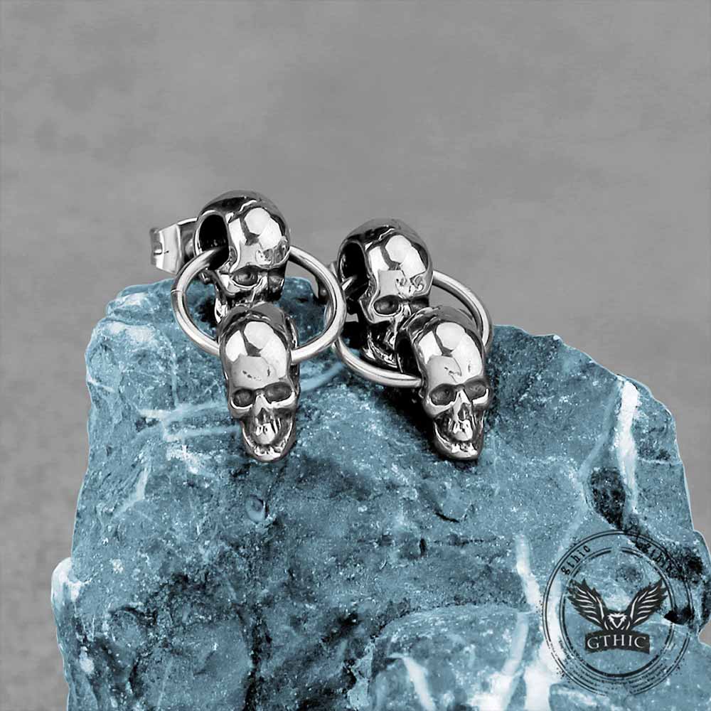 Retro Double Skull Stainless Steel Stud Earrings