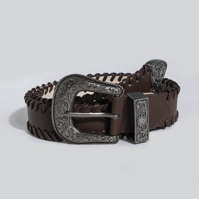 Retro Pattern Brown PU Leather Belt Hover Image