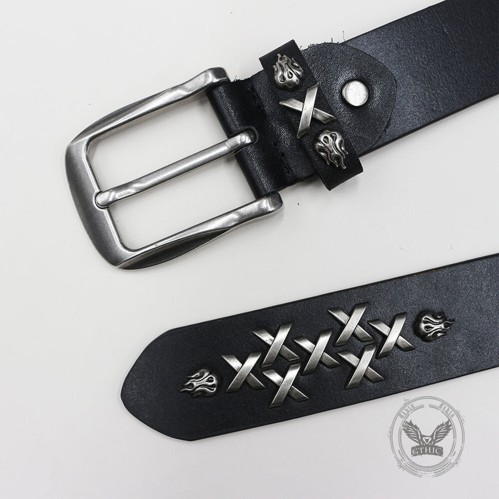 Retro Western-Style Flame Rivets Genuine Leather Belt