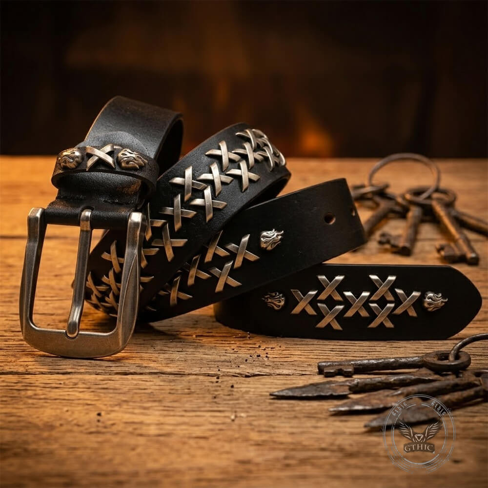 Retro Western-Style Flame Rivets Genuine Leather Belt