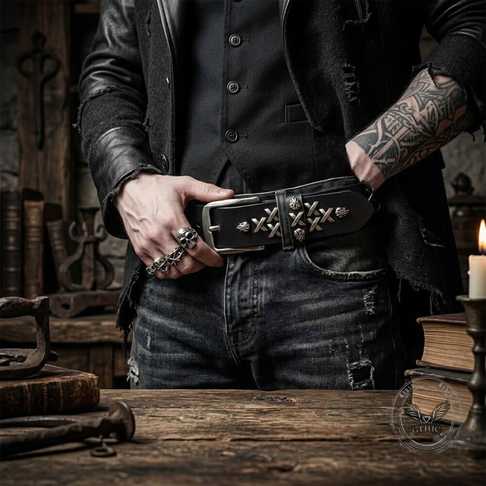 Retro Western-Style Flame Rivets Genuine Leather Belt