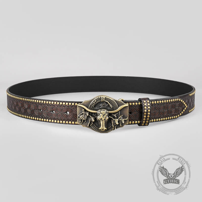 Retro Western Cowboy Bull Relief Pattern PU Leather Belt