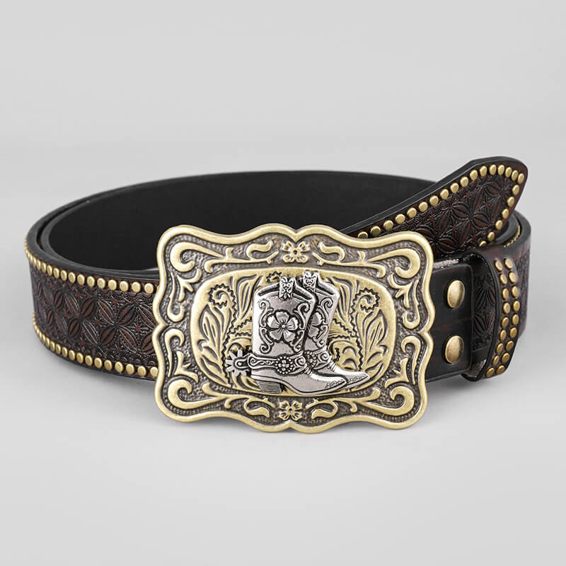 Retro Western Cowboy Bull Relief Pattern PU Leather Belt