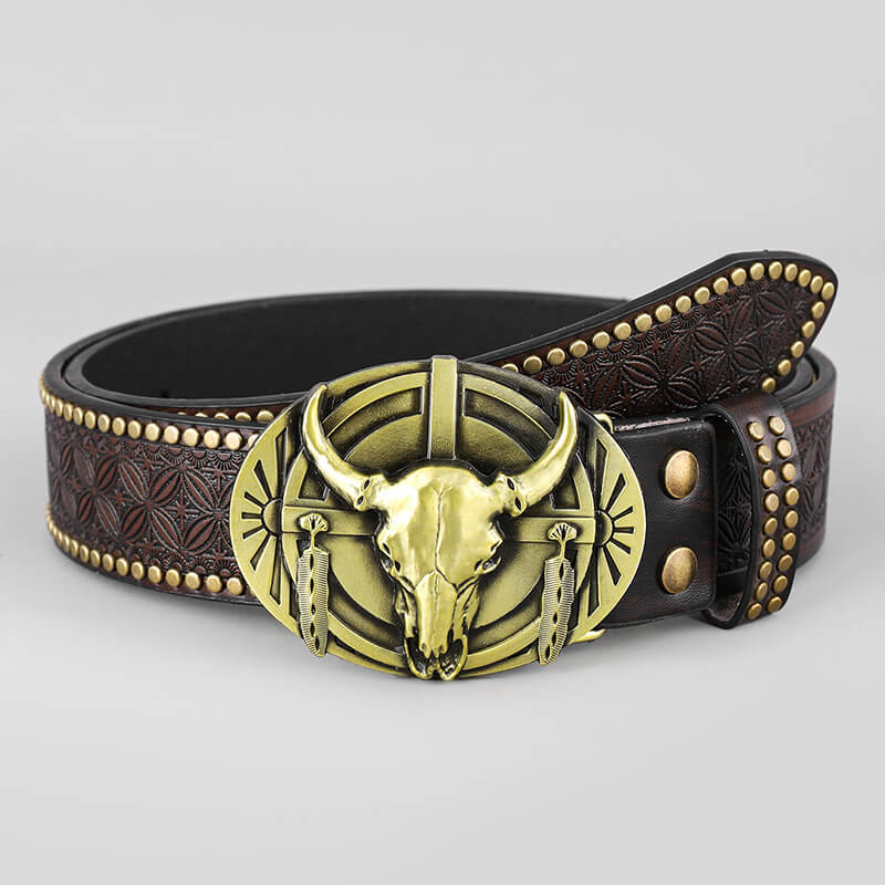 Retro Western Cowboy Bull Relief Pattern PU Leather Belt