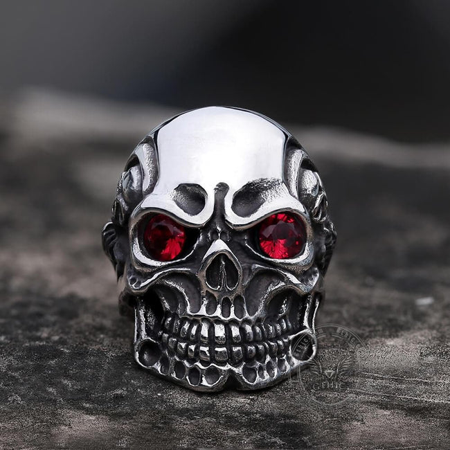 Ruby & Sapphire Eye Stainless Steel Skull Ring Hover Image