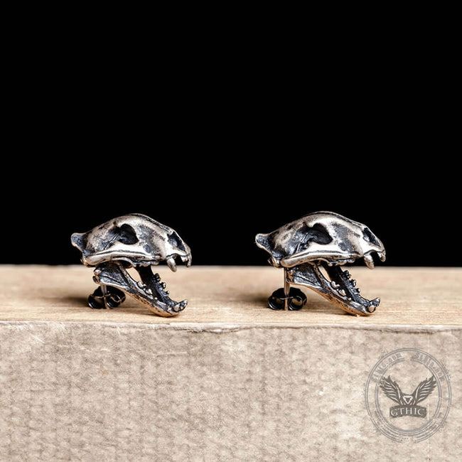 Saber Tooth Tiger Skull Head Sterling Silver Stud Earrings Main Image