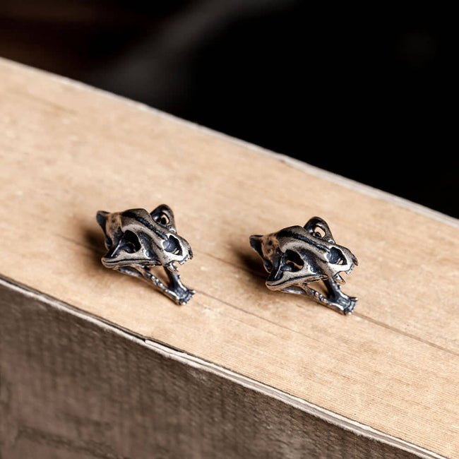 Saber Tooth Tiger Skull Head Sterling Silver Stud Earrings Hover Image