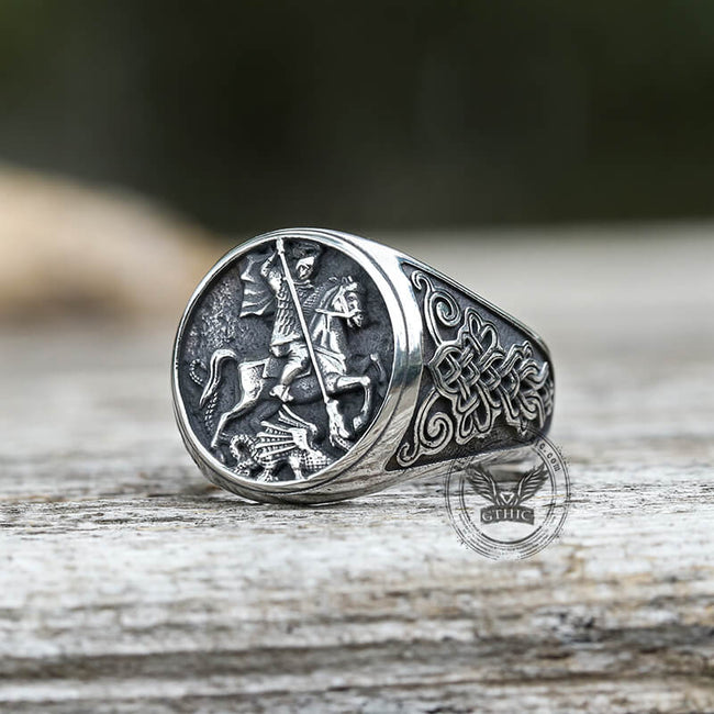 St. George and The Dragon Stainless Steel Religion Ring Hover Image