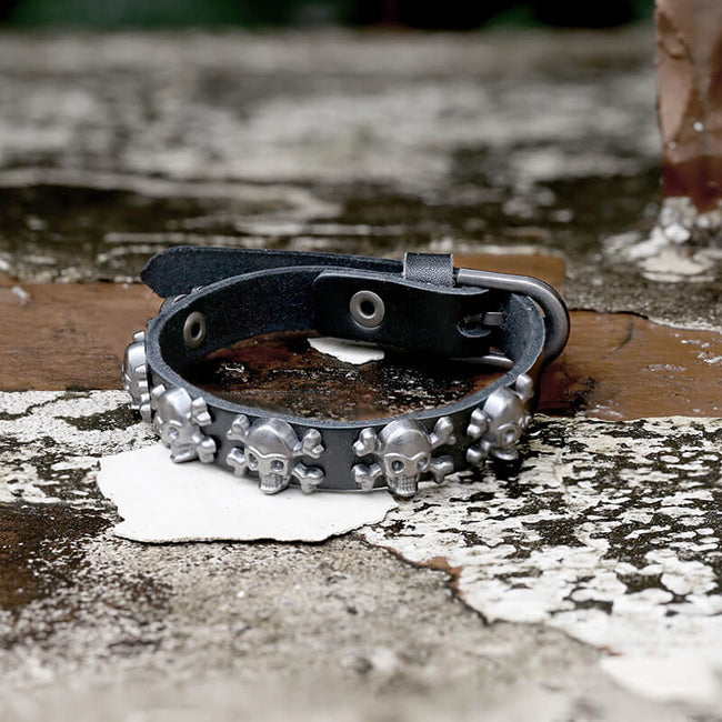 Skull Alloy Leather Punk Bracelet Hover Image