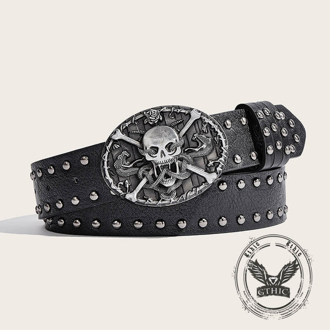 Skull And Snake Buckle Gothic Rivet PU Leather Belt Hover Image