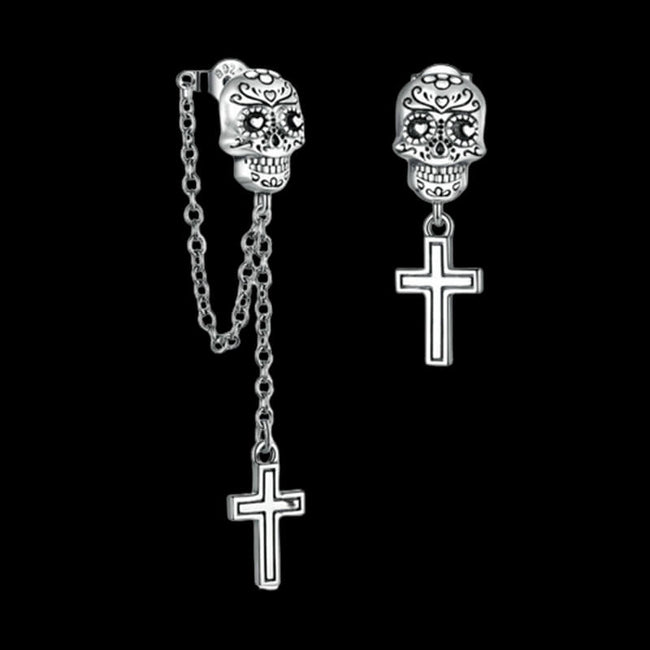 Skull Cross Sterling Silver Asymmetric Stud Earrings Hover Image