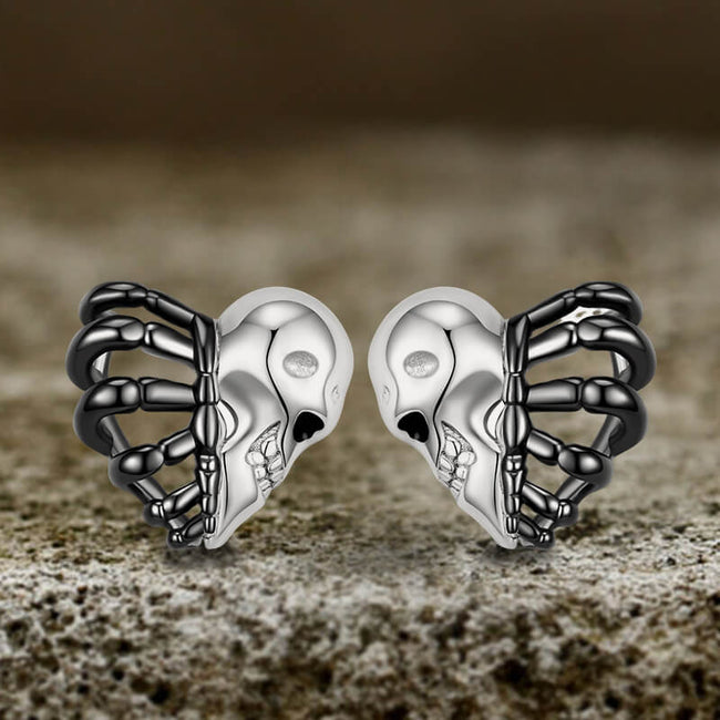 Skull Face Heart Sterling Silver Stud Earrings Hover Image