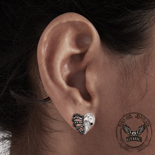 Skull Face Heart Sterling Silver Stud Earrings Main Image