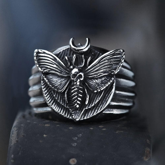 Skull Moth Butterfly Stainless Steel Ring Hover Image