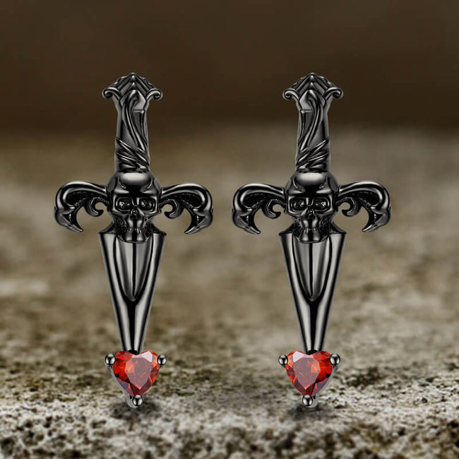 Skull Sword Sterling Silver Gothic Stud Earrings Hover Image