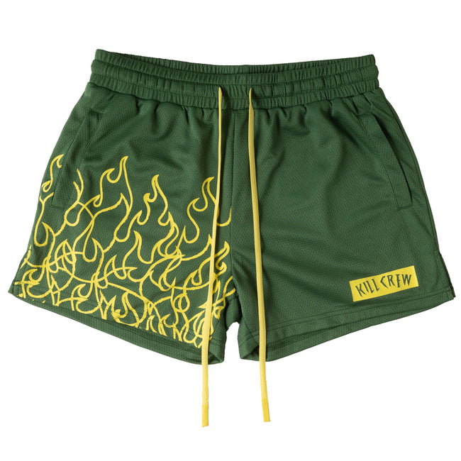 MUAY THAI FLAME SHORTS (MID THIGH CUT) - GREEN / YELLOW Hover Image