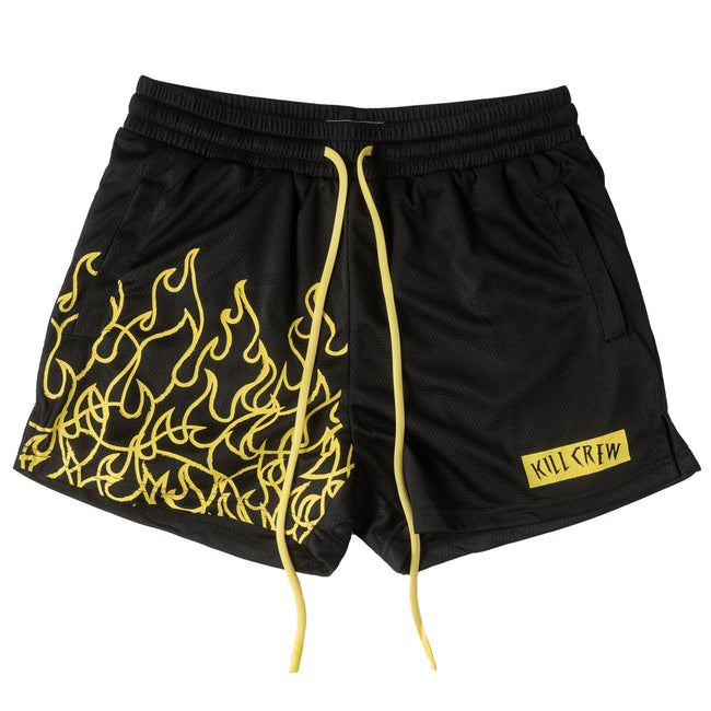MUAY THAI FLAME SHORTS (MID THIGH CUT) - BLACK / YELLOW Hover Image