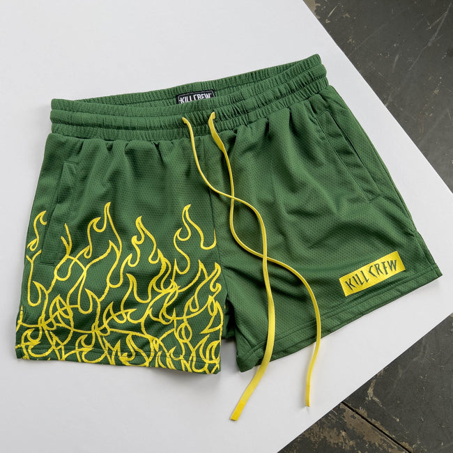MUAY THAI FLAME SHORTS (MID THIGH CUT) - GREEN / YELLOW Main Image