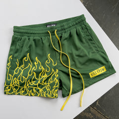 MUAY THAI FLAME SHORTS (MID THIGH CUT) - GREEN / YELLOW