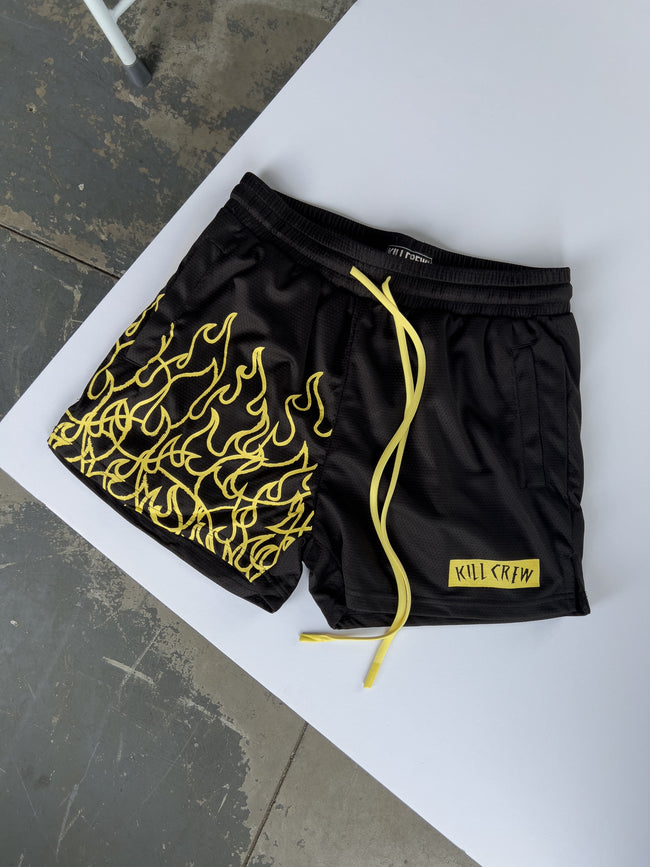 MUAY THAI FLAME SHORTS (MID THIGH CUT) - BLACK / YELLOW Main Image