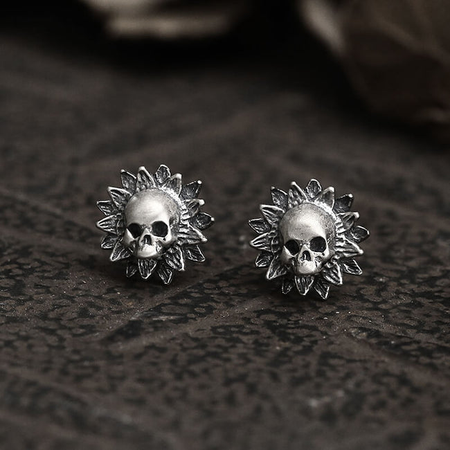 Sunflower Skull Sterling Silver Stud Earrings Hover Image