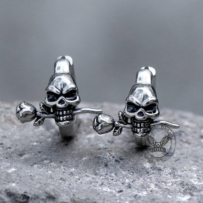 True Love Rose Skull Stainless Steel Earrings Hover Image