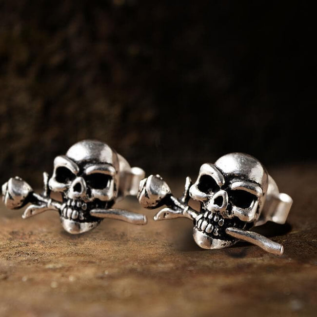 True Love Rose Skull Sterling Silver Earrings Hover Image