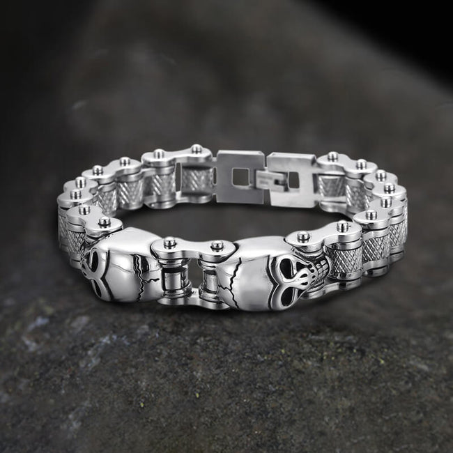 Two Skulls Stainless Steel Biker Bracelet Hover Image