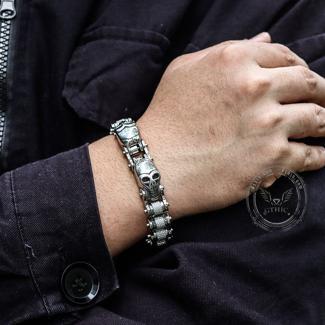 Two Skulls Stainless Steel Biker Bracelet Main Image