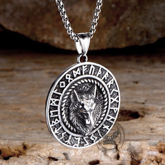 Viking Runes Wolf Head Stainless Steel Necklace
