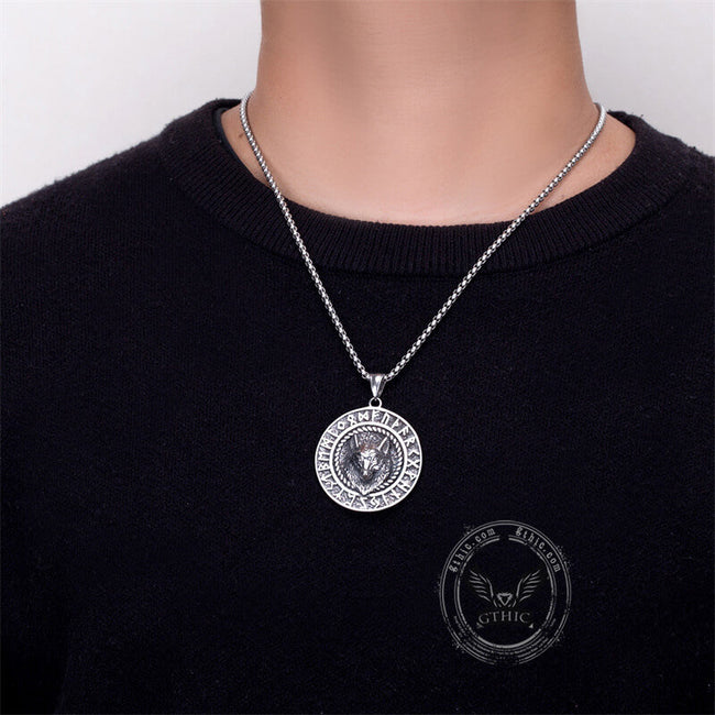 Viking Runes Wolf Head Stainless Steel Necklace Main Image