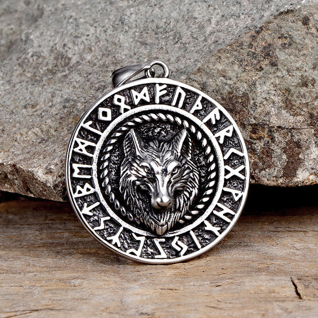 Viking Runes Wolf Head Stainless Steel Necklace Hover Image