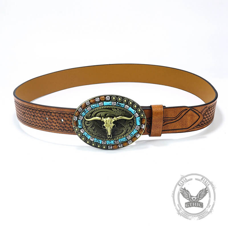 Vintage Bull Head Western Cowboy PU Leather Belt