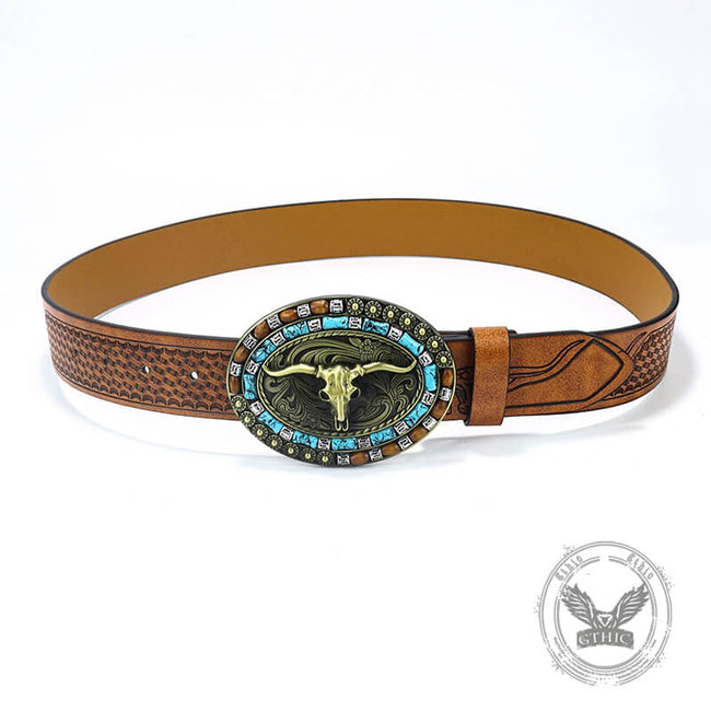 Vintage Bull Head Western Cowboy PU Leather Belt Main Image